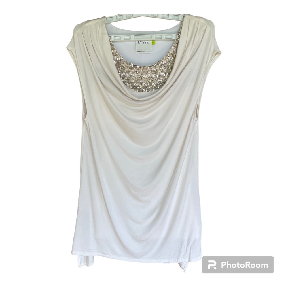 Lysse cream crepe knit ladies tunic with gold sequin chest placket size S